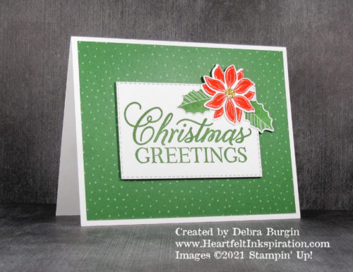 Christmas Greetings | Merriest Moments | A big, bold greeting is required for this bold Christmas card!  Please click to read more! | Stampin' Up! | HeartfeltInkspiration.com | Debra Burgin