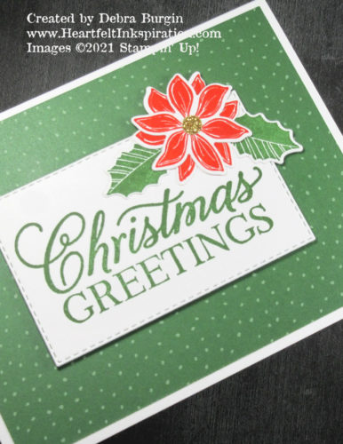 Christmas Greetings | Merriest Moments | A big, bold greeting is required for this bold Christmas card!  Please click to read more! | Stampin' Up! | HeartfeltInkspiration.com | Debra Burgin