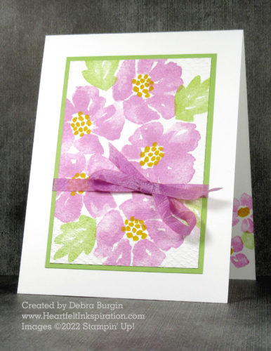 Blossoms in Bloom | Adding texture to the stamped panel adds so much interest, and coloring the ribbon to match is so easy!  Please click to read more! | Stampin' Up! | HeartfeltInkspiration.com | Debra Burgin  