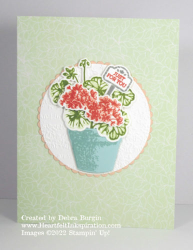 Potted Geraniums | Even on plain Soft Sea Foam card stock (instead of this retired Sale-A-Bration item), this would be a charming card!  Please click to read more! | Stampin' Up! | HeartfeltInkspiration.com | Debra Burgin  