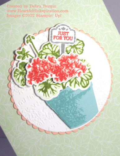 Potted Geraniums | Even on plain Soft Sea Foam card stock (instead of this retired Sale-A-Bration item), this would be a charming card!  Please click to read more! | Stampin' Up! | HeartfeltInkspiration.com | Debra Burgin  