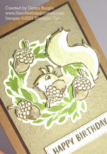Nuts about Squirrels | Cottage Wreaths | Fond of Autumn | Naughty squirrel, stealing the acorns off this wreath!  We'll forgive him because he's so cute and fun to watch! | Please click to read more! | Stampin' Up! | HeartfeltInkspiration.com | Debra Burgin