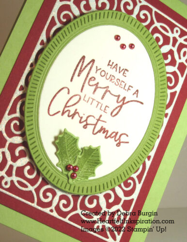 Framed & Festive | Fancy Frames | Affixing an Adhesive Sheet to the back of a piece of Glimmer Paper ensures this filigree frame will adhere to a cardstock panel with no trouble at all!  Please click to read more! | Stampin' Up! | HeartfeltInkspiration.com | Debra Burgin