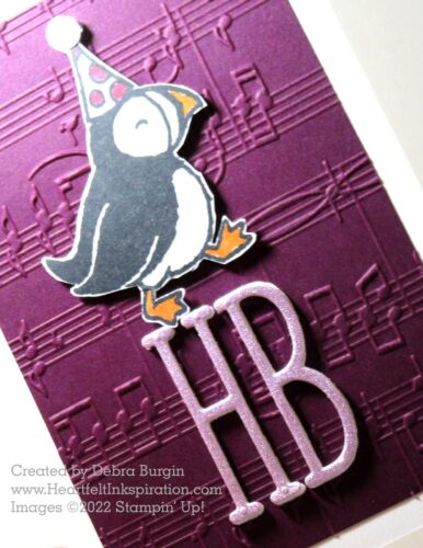 Party Puffins | Alphabet a la Mode | A note card for my purple-loving stepdaughter with some new products -- Please click to read more! | Stampin' Up! | HeartfeltInkspiration.com | Debra Burgin  