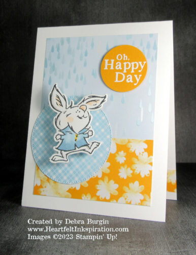 Playing in the Rain | This bunny is adorable on his own, but when used with a plastic spring "wobbler," you can be sure he's having a happy day!  Please click to read more! | Stampin' Up! | HeartfeltInkspiration.com | Debra Burgin  