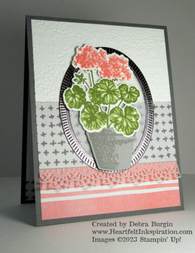 Potted Geraniums | Flirty Flamingo was my choice for these flowers in this Stamp Review Crew blog hop card.  Please click to read more! | Stampin' Up! | HeartfeltInkspiration.com | Debra Burgin  