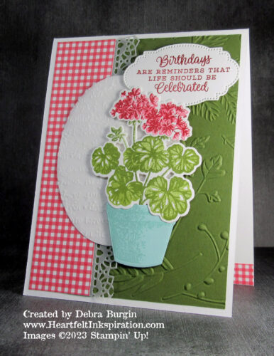 Potted Geraniums | Geraniums and gingham are a perfect pair in this Stamp Review Crew blog hop card.  Please click to read more! | Stampin' Up! | HeartfeltInkspiration.com | Debra Burgin  