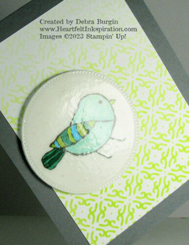 Bird's Eye View | Foursquare Decorative Masks | This "enameled disc" is a fun technique worth an experiment or two!  Please click to read more! | Stampin' Up! | HeartfeltInkspiration.com | Debra Burgin  