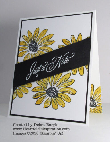 Cheerful Daisies | Go-To Greetings | Yellow + black is one of my favorite color combos. 
 This sentiment on the diagonal is so easy!  Please click to read more! | Stampin' Up! | HeartfeltInkspiration.com | Debra Burgin  