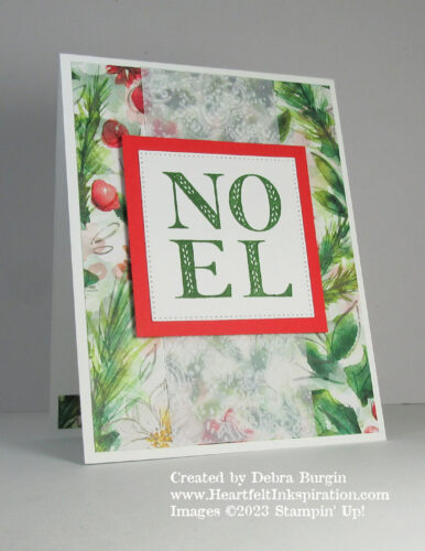 Joy of Noel | A piece of gorgeous Joy of Christmas Designer Series Paper launches the creation of this easy card.  Please click to read more! | Stampin' Up! | HeartfeltInkspiration.com | Debra Burgin  