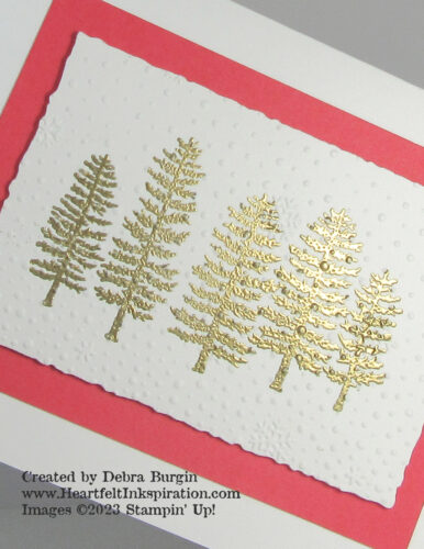 Forever Forest | Liz Shannon inspired this simple Jingle Jump card.  These golden evergreens have a little secret -- please click to read more! | Stampin' Up! | HeartfeltInkspiration.com | Debra Burgin  