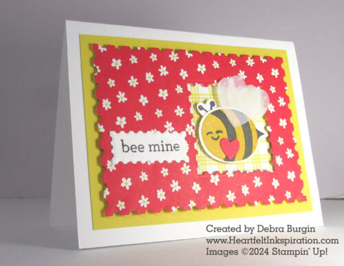 Bee My Valentine | The patterns in the Bee Mine Designer Series Paper pack are pretty bzzzy when used together -- please click to read more! | Stampin' Up! | HeartfeltInkspiration.com | Debra Burgin  