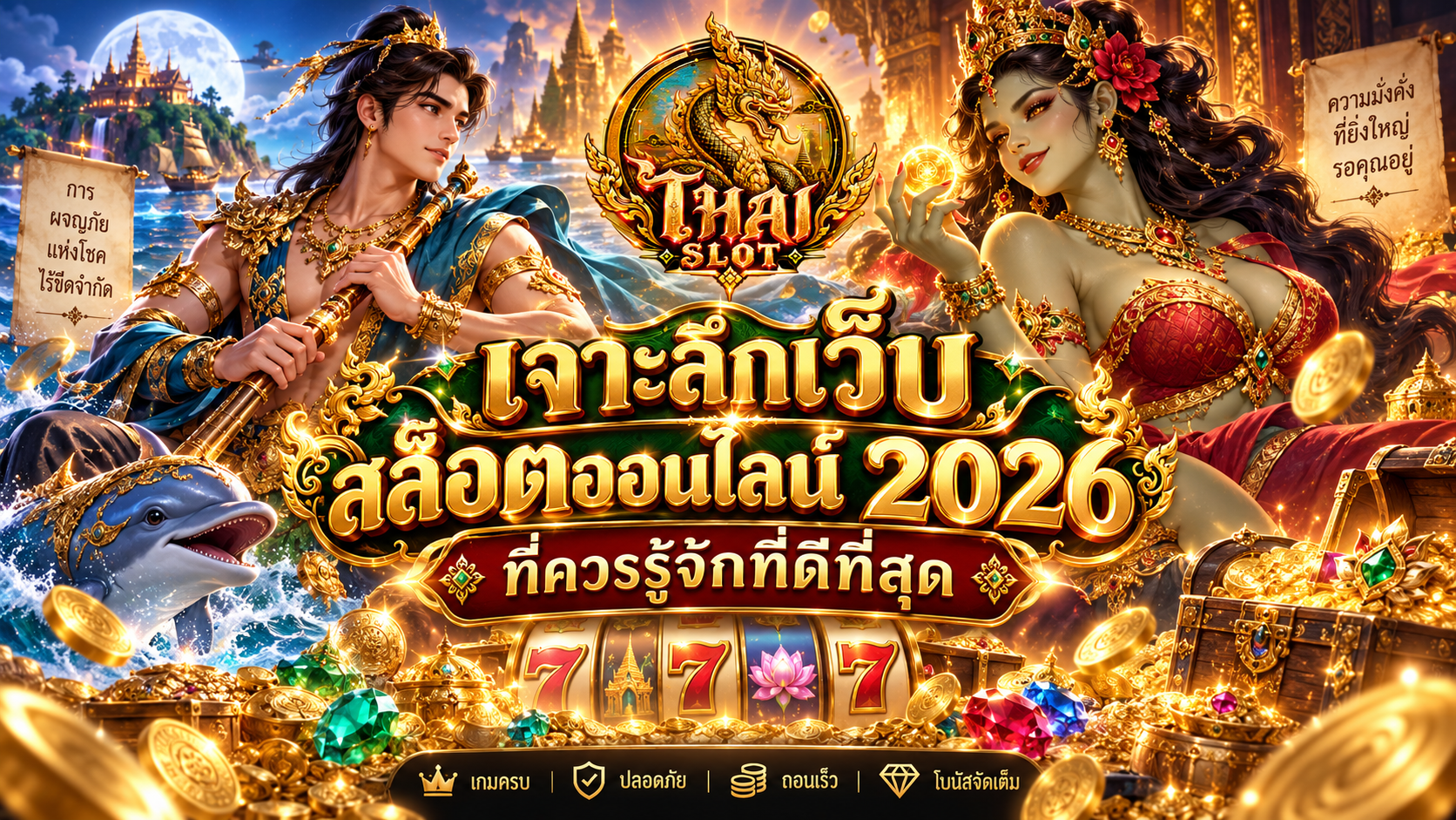 หน้าจอเกมสล็อตสมมติสำหรับอธิบายสัญลักษณ์และกติกา